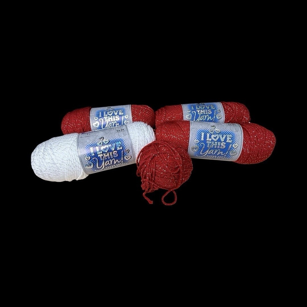 I‎ Love This Yarn White & Red 100% Acrylic 7 oz 355 yards each -  Lot of 4